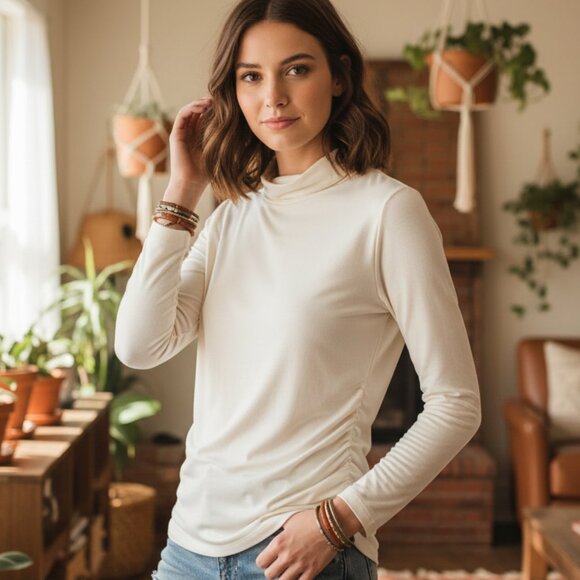 Coldwater Creek Tops - Coldwater Creek XS Turtleneck Top Cream Ruched Minimalist Casual Preppy Academia